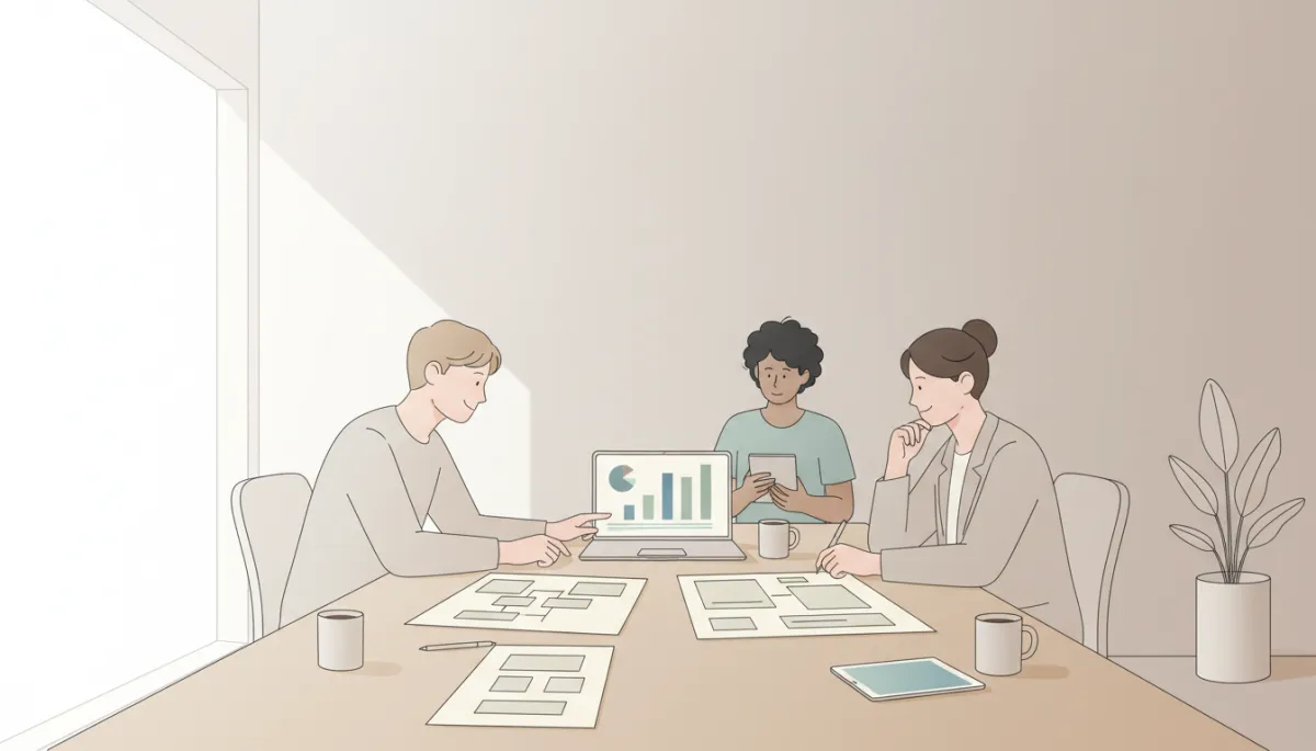 professional neutral-color scene of a small team in a meeting room reviewing printed workflow diagrams and a laptop screen with analytics charts, relaxed but focused atmosphere, clean and professional style professional neutral-color scene of a small team in a meeting room reviewing printed workflow diagrams and a laptop screen with analytics charts, relaxed but focused atmosphere, clean and professional style