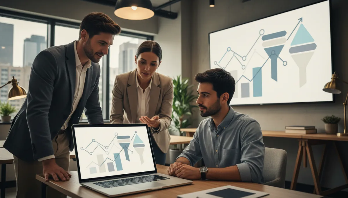 Team helping an entrepreneur set up a simple digital marketing system Team helping an entrepreneur set up a simple digital marketing system