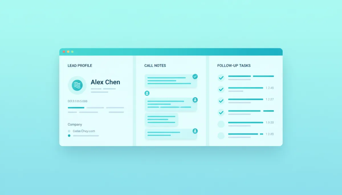 Modern clean CRM dashboard showing organized lead details and call notes