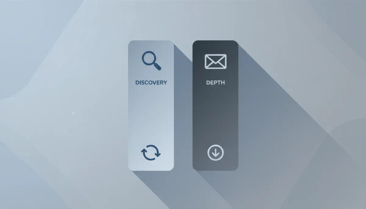 Visual diagram of two core marketing channels labeled discovery and depth in a cool shadows palette Visual diagram of two core marketing channels labeled discovery and depth in a cool shadows palette