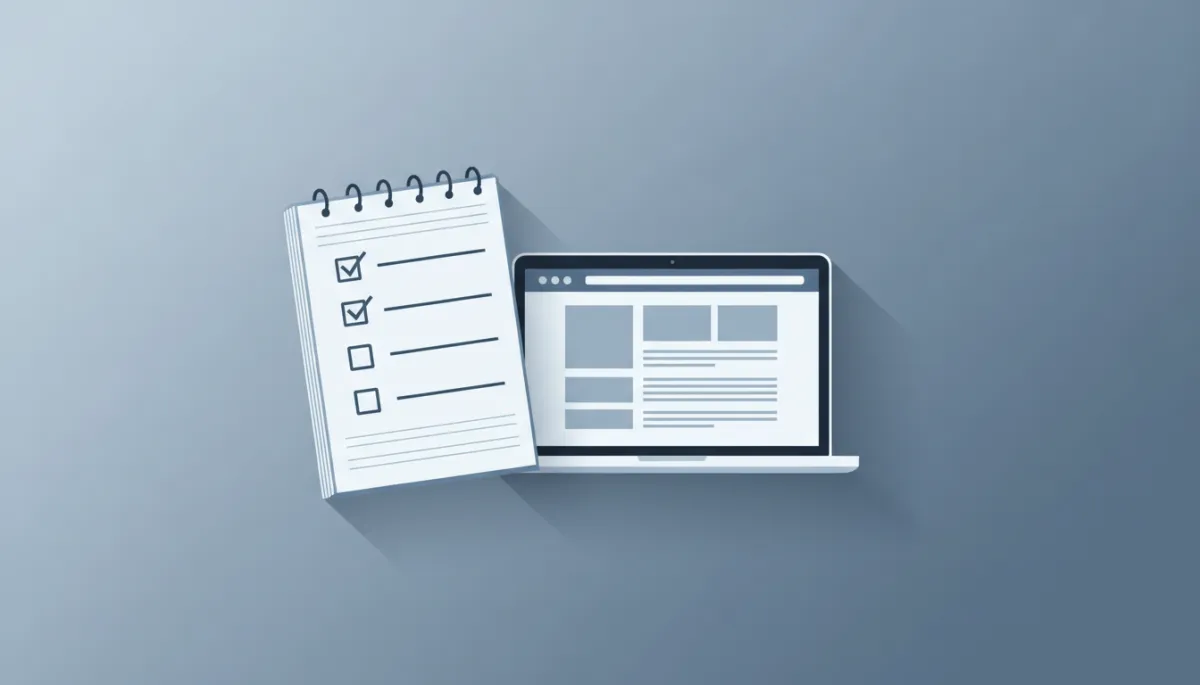 Minimalist checklist and laptop layout representing simple, useful content in a cool shadows palette Minimalist checklist and laptop layout representing simple, useful content in a cool shadows palette