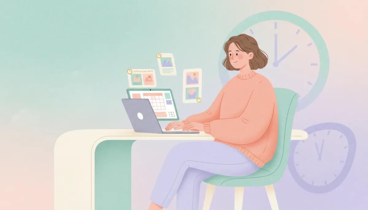 Calm small business owner scheduling social media posts in a modern clean pastel illustration