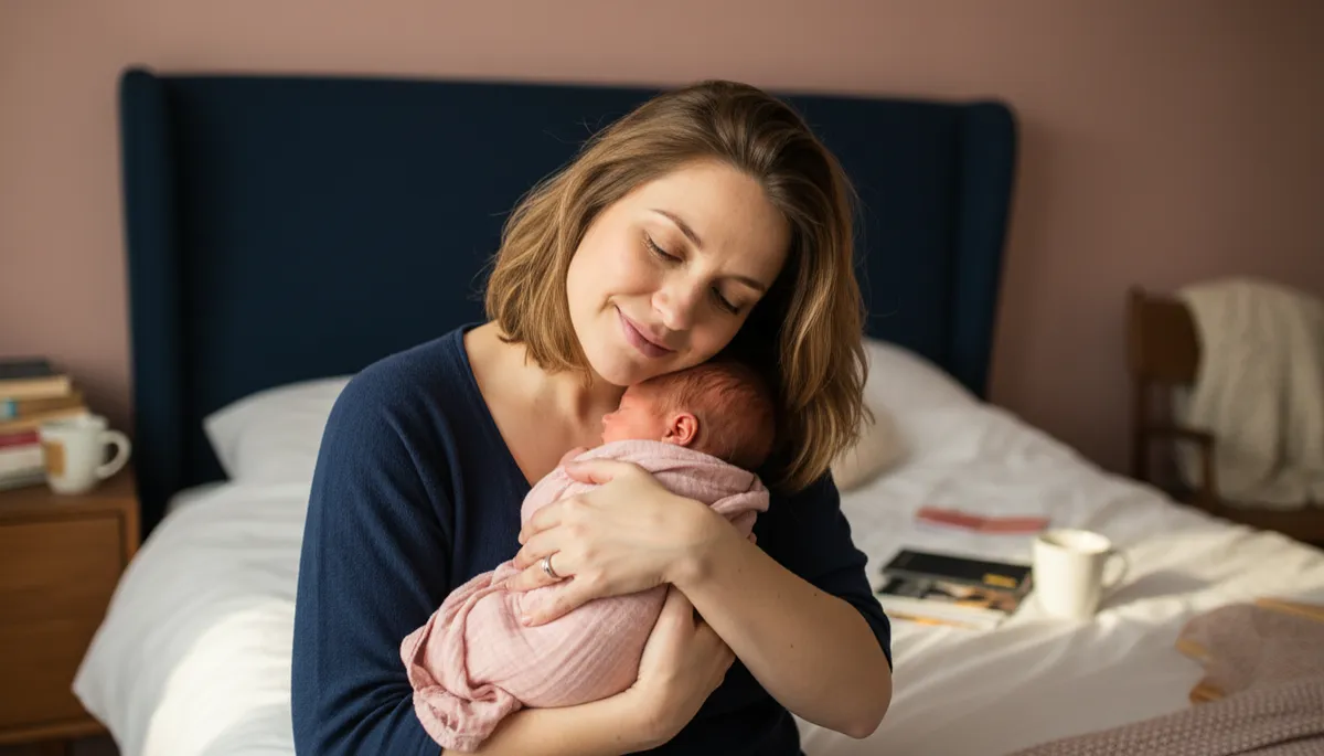 New mom holding baby on the edge of the bed, looking tired and tender
