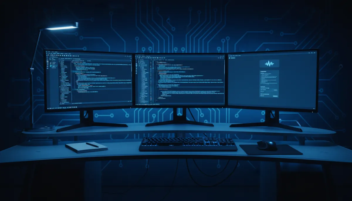 Dunkle Entwicklerumgebung mit Terminal, VS Code und KI-Codeassistent