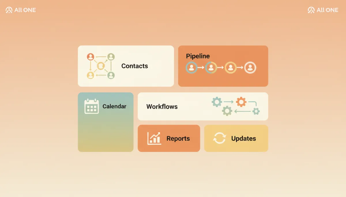 Übersichtliches Business-Dashboard mit Kontakten, Kalender, Pipeline und Workflows in Flat-Design