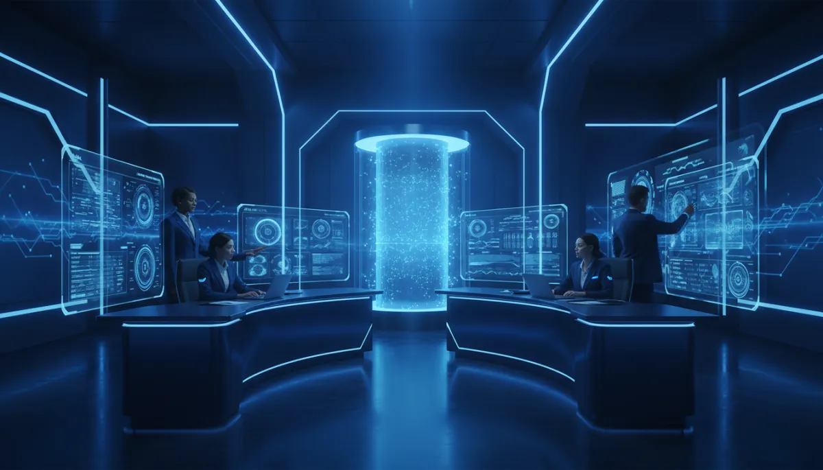 photorealistic, modern, professional scene of a futuristic dark blue and electric blue office with holographic AI interfaces hovering above a large desk, diverse professionals collaborating while a central AI core visual glows in electric blue light