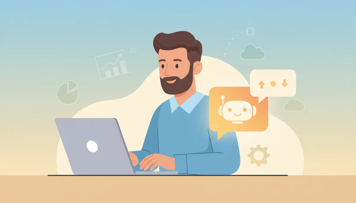 Clean Illustration / Flat Design eines modernen Unternehmers am Laptop, neben ihm ein freundlicher KI-Assistent als Chat-Interface, helle warme Farben, All ONE Branding, ruhiger Hintergrund mit subtilen Business-Icons