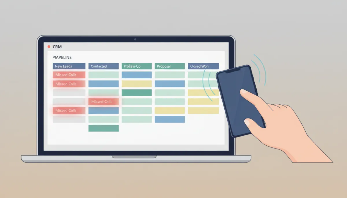 Professional CRM dashboard showing missed calls and new leads