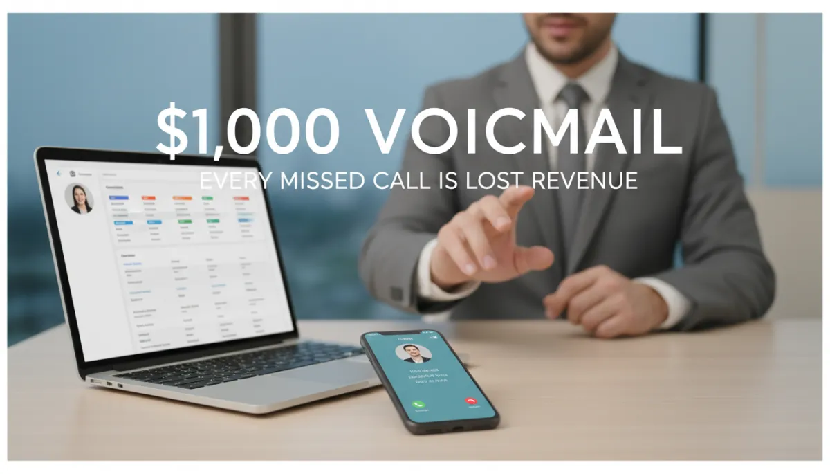 A photorealistic, neutral-toned office scene featuring a modern desk with a ringing smartphone prominently displayed next to an open laptop showing a CRM dashboard. In the background, a blurred business professional is just out of reach, missing the call. Overlayed in a sleek, modern sans-serif font are the words "The $1,000 Voicemail" and a subheading that reads "Every missed call is lost revenue." The overall atmosphere is professional and polished, with a subtle sense of urgency and lost opportunity. The image should be high-resolution, well-lit, and visually consistent with a business-focused blog.