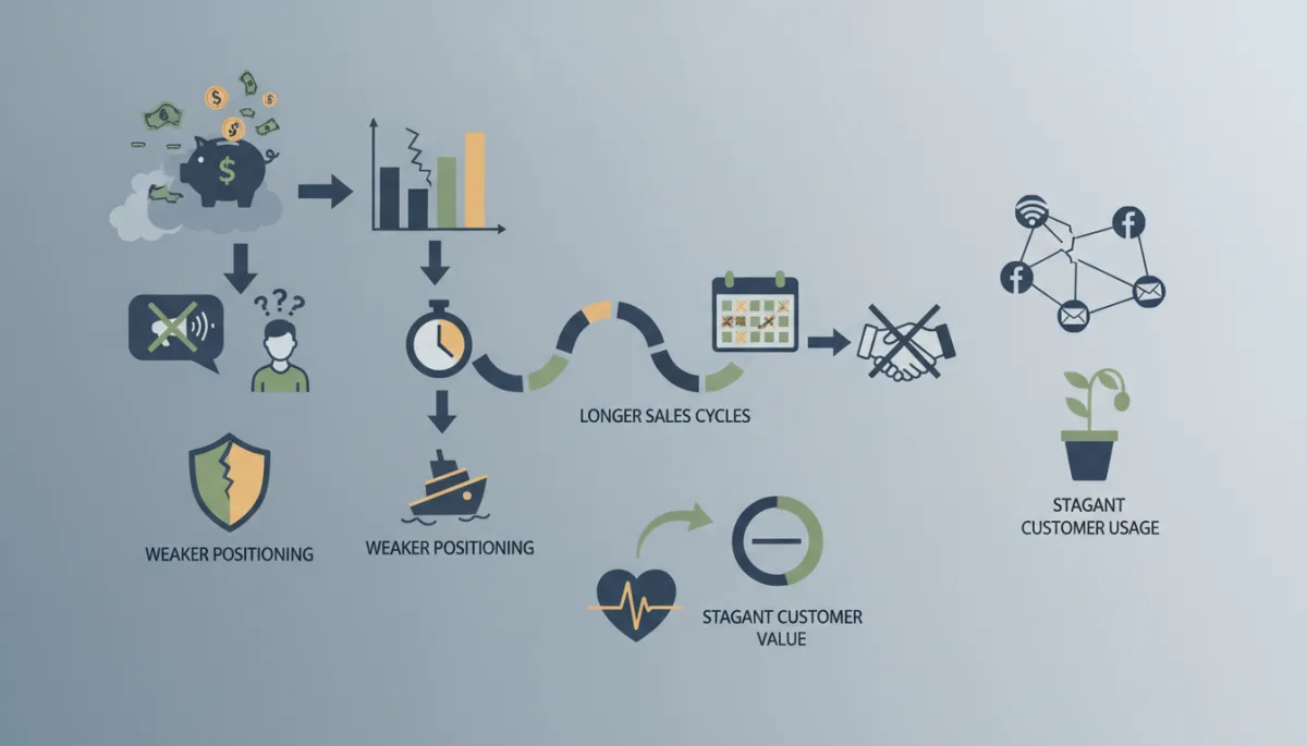 A modern infographic showing the negative impacts of poor business optimization: wasted budget, misaligned messaging, longer sales cycles, weaker positioning, poor channel usage, and stagnant customer value. Use professional and consumer icons, clear arrows, and a muted corporate color palette. A modern infographic showing the negative impacts of poor business optimization: wasted budget, misaligned messaging, longer sales cycles, weaker positioning, poor channel usage, and stagnant customer value. Use professional and consumer icons, clear arrows, and a muted corporate color palette.