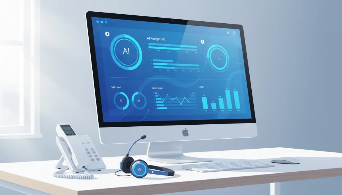 A sleek, modern workspace with a prominent digital interface displayed on a large computer monitor, showing an AI receptionist dashboard with clear blue accents and gradients. The dashboard features call and lead analytics, including graphs, charts, and notification icons, all styled in shades of blue. In the foreground, a phone and a headset rest on the desk, suggesting a seamless integration of AI with traditional reception tools. The environment is well-lit with soft natural light, and the overall color scheme is dominated by cool blues and white, evoking a sense of professionalism, trust, and technological innovation suitable for small business owners. A sleek, modern workspace with a prominent digital interface displayed on a large computer monitor, showing an AI receptionist dashboard with clear blue accents and gradients. The dashboard features call and lead analytics, including graphs, charts, and notification icons, all styled in shades of blue. In the foreground, a phone and a headset rest on the desk, suggesting a seamless integration of AI with traditional reception tools. The environment is well-lit with soft natural light, and the overall color scheme is dominated by cool blues and white, evoking a sense of professionalism, trust, and technological innovation suitable for small business owners.