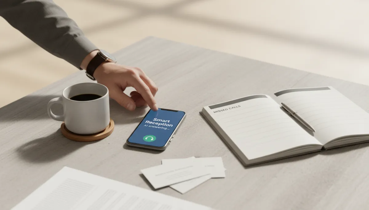 Desk with smartphone showing an AI receptionist handling an incoming call Desk with smartphone showing an AI receptionist handling an incoming call