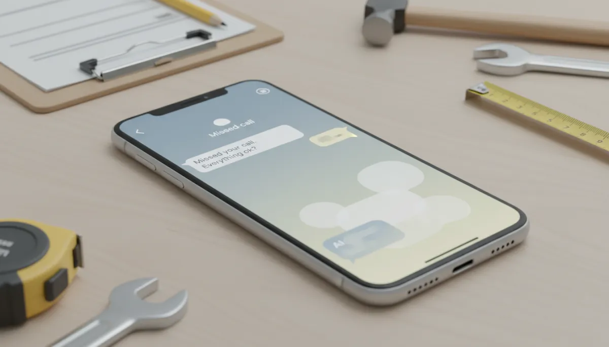 Contractor reviewing AI-powered missed-call text back conversation on a smartphone Contractor reviewing AI-powered missed-call text back conversation on a smartphone