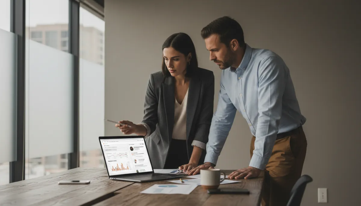 Consultant and business owner discussing website analytics and search rankings Consultant and business owner discussing website analytics and search rankings