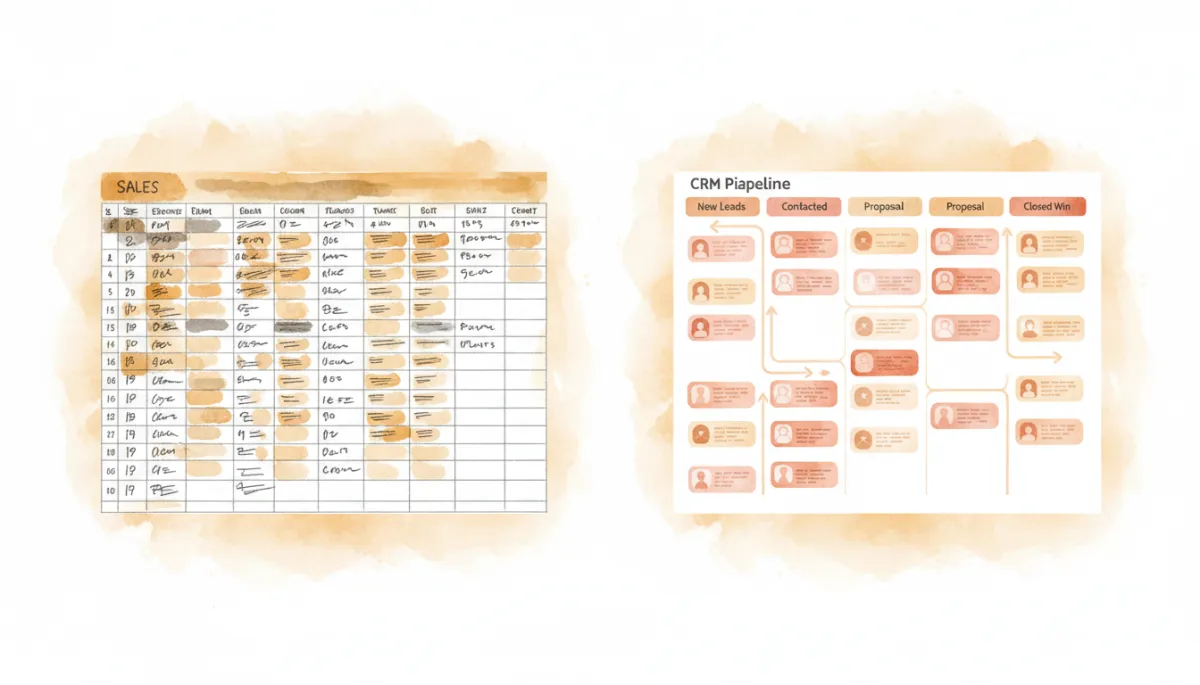 Comparison between a cluttered spreadsheet and an organized CRM pipeline Comparison between a cluttered spreadsheet and an organized CRM pipeline