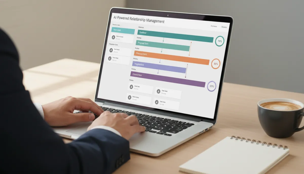 Laptop showing an AI-enhanced CRM pipeline with predictive deal scores Laptop showing an AI-enhanced CRM pipeline with predictive deal scores