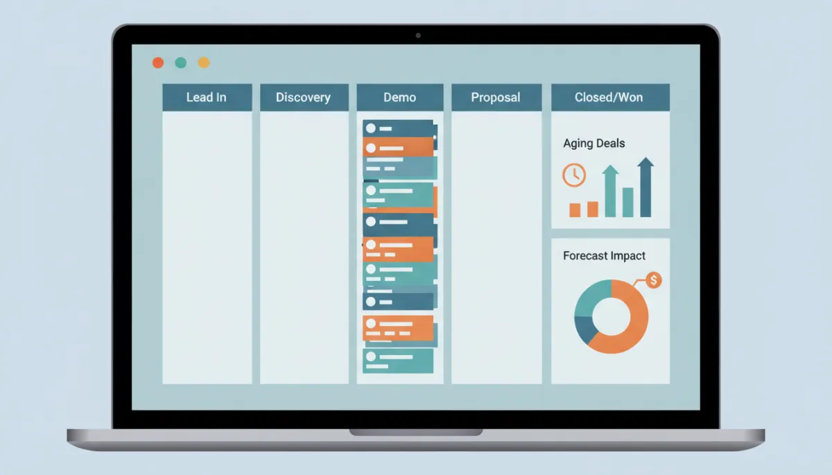 Kanban-style CRM pipeline with multiple deals stalled in the Demo stage Kanban-style CRM pipeline with multiple deals stalled in the Demo stage