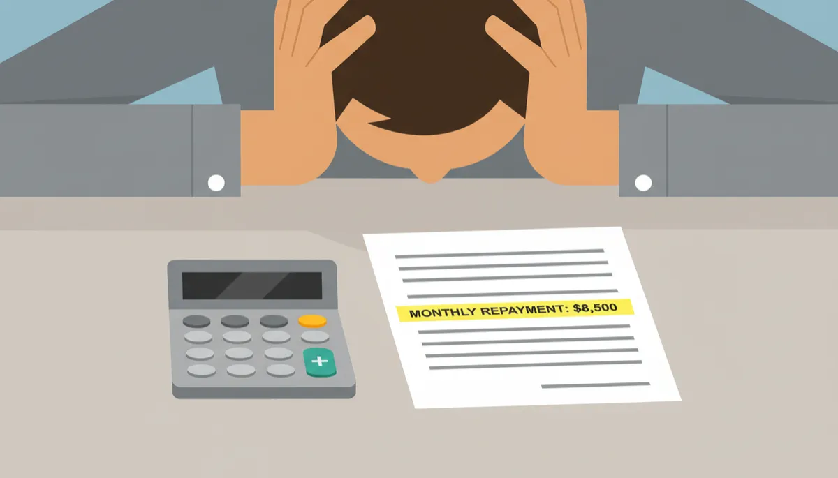 Loan statement showing high monthly repayments causing financial stress for a business owner Loan statement showing high monthly repayments causing financial stress for a business owner