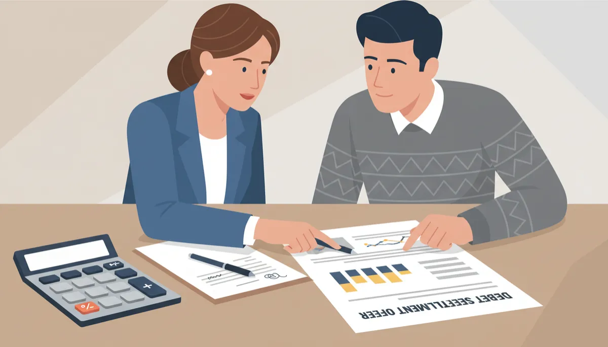 Advisor and client reviewing a written debt settlement offer Advisor and client reviewing a written debt settlement offer