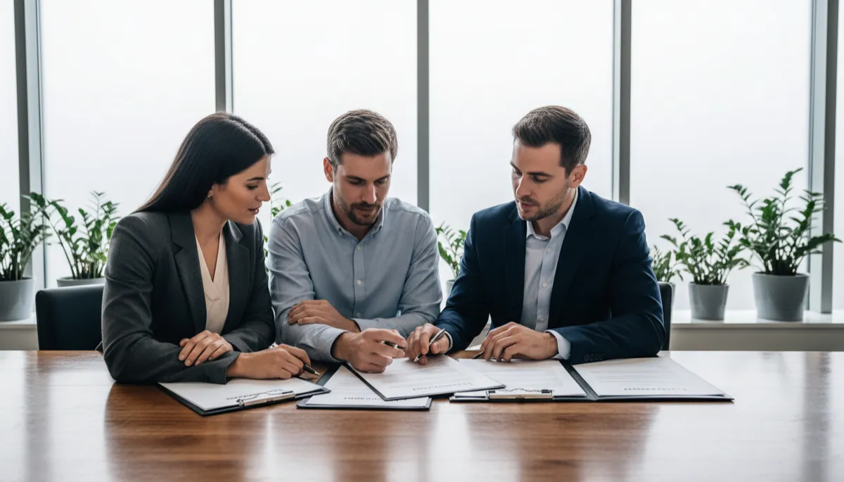 Business owners discussing personal guarantee and debt options with an advisor Business owners discussing personal guarantee and debt options with an advisor