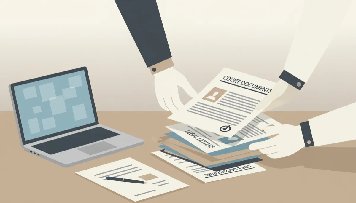 Organising legal letters and CCJ documents on a desk to prepare an application Organising legal letters and CCJ documents on a desk to prepare an application