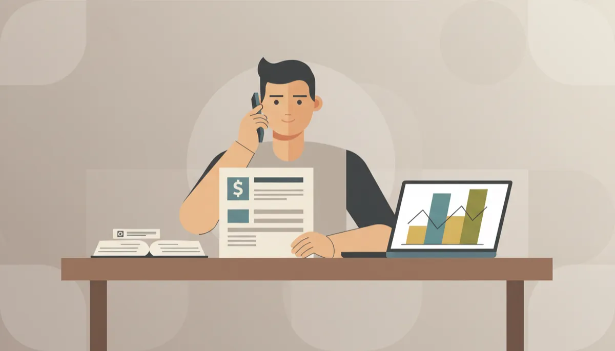 Person calmly reviewing a debt collection letter while on the phone