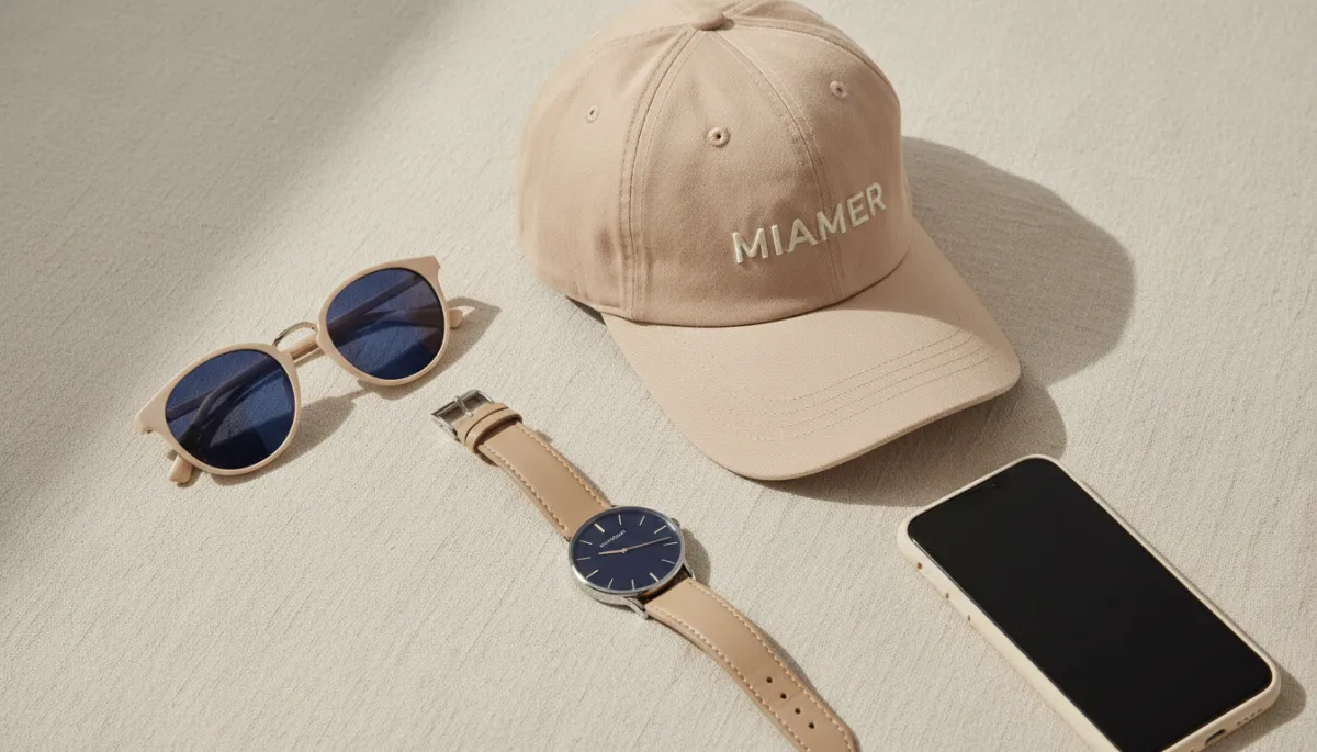 Photographic realistic flat-lay of a premium MIAMER cap styled with refined everyday accessories