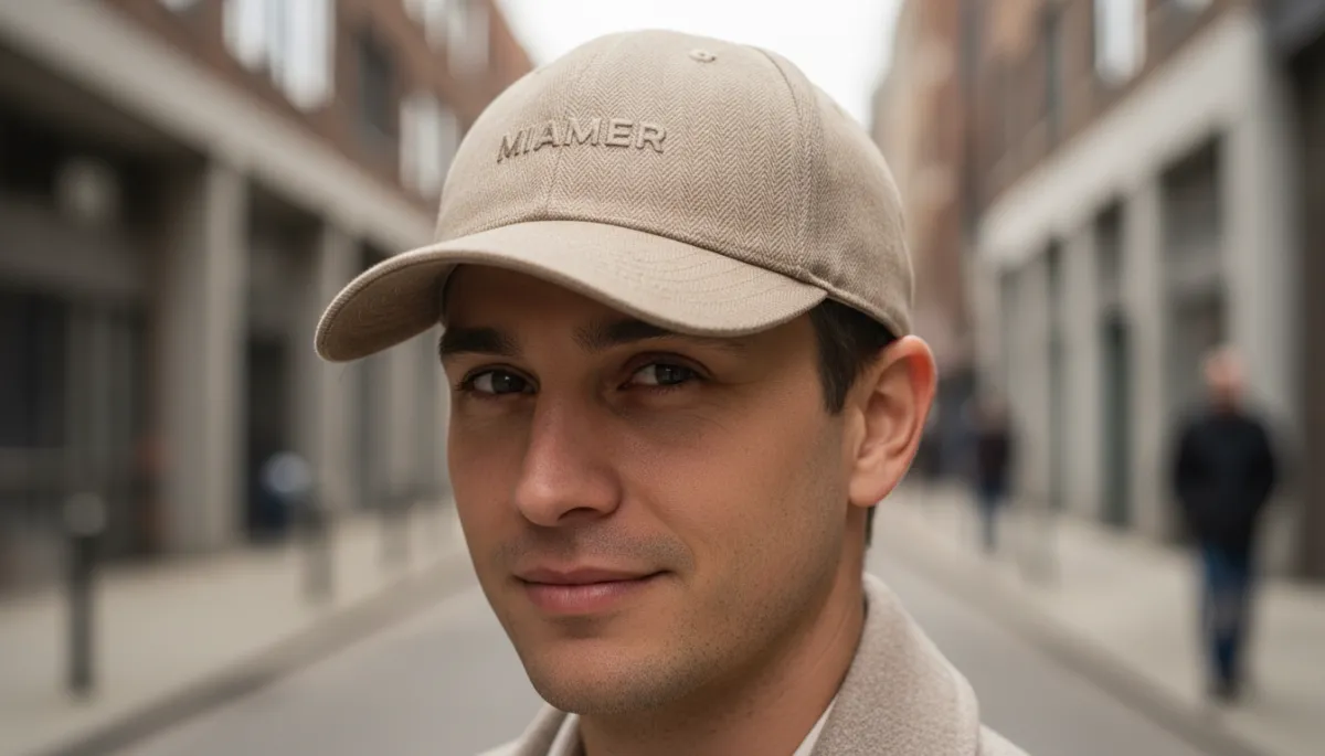 Photographic realistic close-up portrait of a person wearing a premium MIAMER cap in a neutral city street