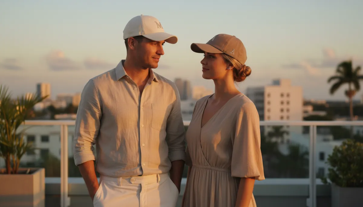 Photographic realistic rooftop scene of two people wearing premium MIAMER caps in neutral outfits