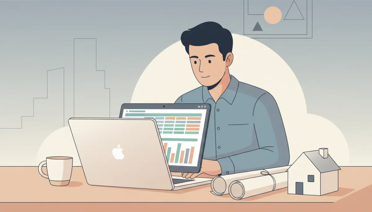 Real estate investor analyzing rental property cash flow and returns on a laptop Real estate investor analyzing rental property cash flow and returns on a laptop