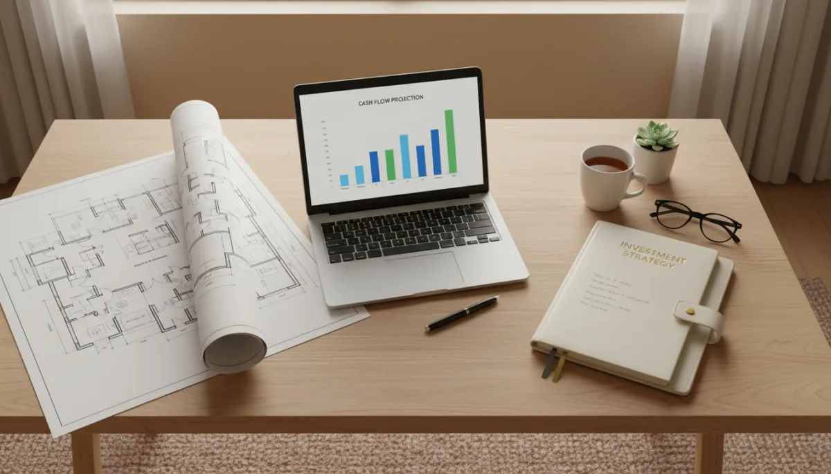 Real estate investor desk with renovation plans, cash flow charts, and investment strategy notes Real estate investor desk with renovation plans, cash flow charts, and investment strategy notes