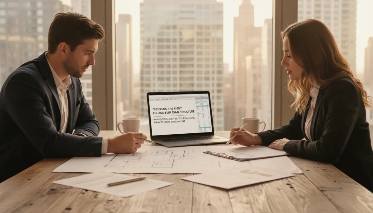A photorealistic, warm, neutral-toned scene of a real estate investor and lender reviewing renovation plans and loan terms at a wooden meeting table, soft afternoon light, documents, and a laptop with a financial model, with a subtle city skyline through the window. All visible text in the image should be in English: headline 'Choosing the Right Fix-and-Flip Loan Structure' and subheading 'How Dutch vs. Non-Dutch Financing Impacts Your Bottom Line'. A photorealistic, warm, neutral-toned scene of a real estate investor and lender reviewing renovation plans and loan terms at a wooden meeting table, soft afternoon light, documents, and a laptop with a financial model, with a subtle city skyline through the window. All visible text in the image should be in English: headline 'Choosing the Right Fix-and-Flip Loan Structure' and subheading 'How Dutch vs. Non-Dutch Financing Impacts Your Bottom Line'.