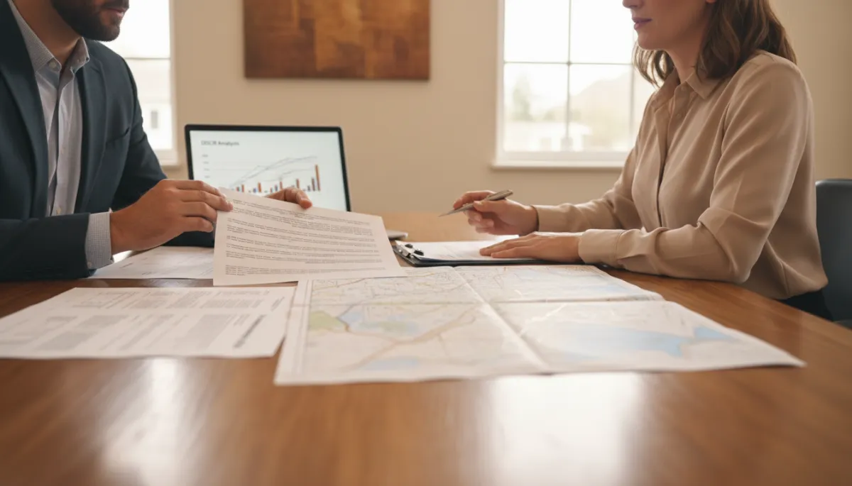 Investor and title officer reviewing a property title report and DSCR analysis Investor and title officer reviewing a property title report and DSCR analysis