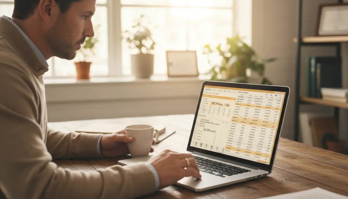 Business owner reviewing bank statements and DSCR reserve calculations on a laptop Business owner reviewing bank statements and DSCR reserve calculations on a laptop