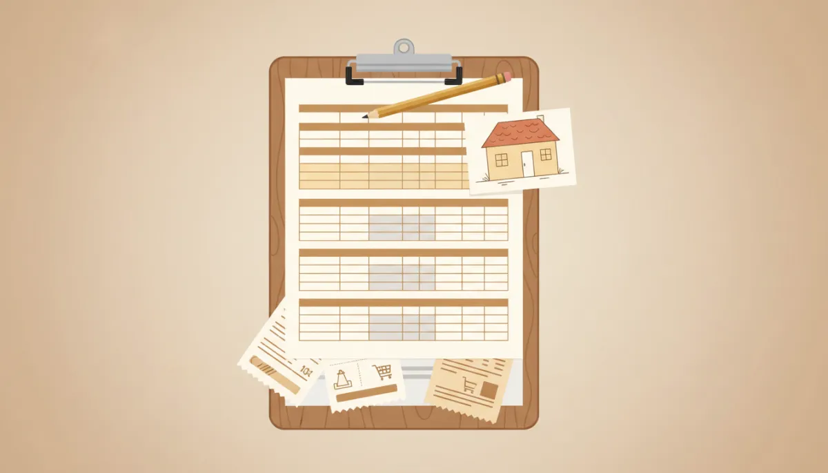 warm neutral illustration of a clipboard with a detailed renovation budget, receipts, and a small house sketch, friendly flat illustration style warm neutral illustration of a clipboard with a detailed renovation budget, receipts, and a small house sketch, friendly flat illustration style