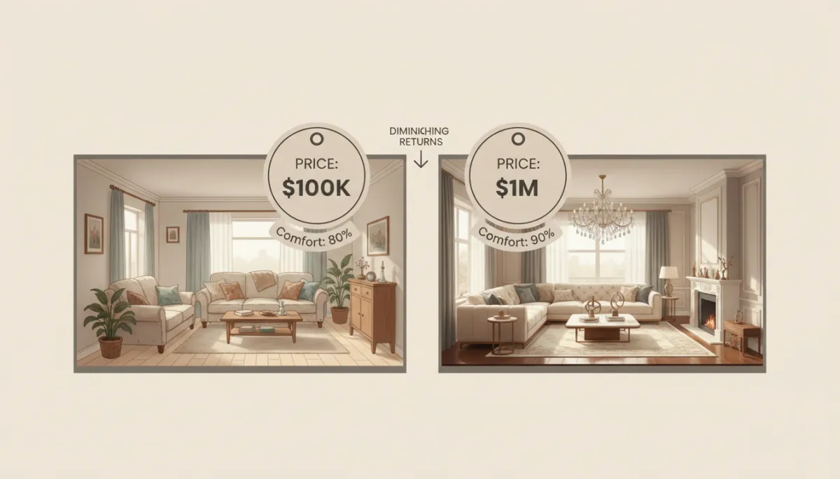 warm neutral illustration of two side-by-side house interiors, one modest and one overly luxurious, with price tags showing diminishing returns, friendly illustration style warm neutral illustration of two side-by-side house interiors, one modest and one overly luxurious, with price tags showing diminishing returns, friendly illustration style