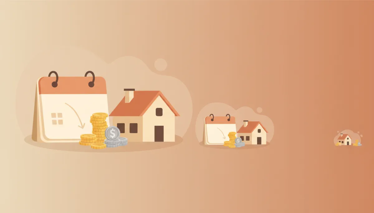 warm neutral illustration of a calendar, house, and stacks of coins slowly shrinking over time, symbolizing holding costs, friendly flat illustration warm neutral illustration of a calendar, house, and stacks of coins slowly shrinking over time, symbolizing holding costs, friendly flat illustration