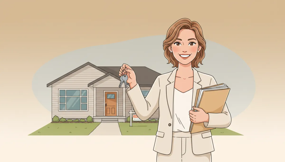 warm neutral illustration of a smiling investor holding house keys and a folder of documents in front of a freshly renovated home, friendly illustration style warm neutral illustration of a smiling investor holding house keys and a folder of documents in front of a freshly renovated home, friendly illustration style