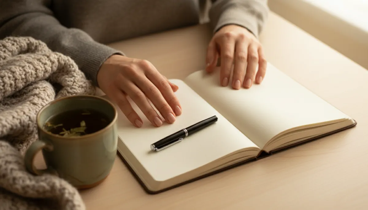 Close-up of a woman's hands near an open journal with a pen and tea in neutral tones Close-up of a woman's hands near an open journal with a pen and tea in neutral tones