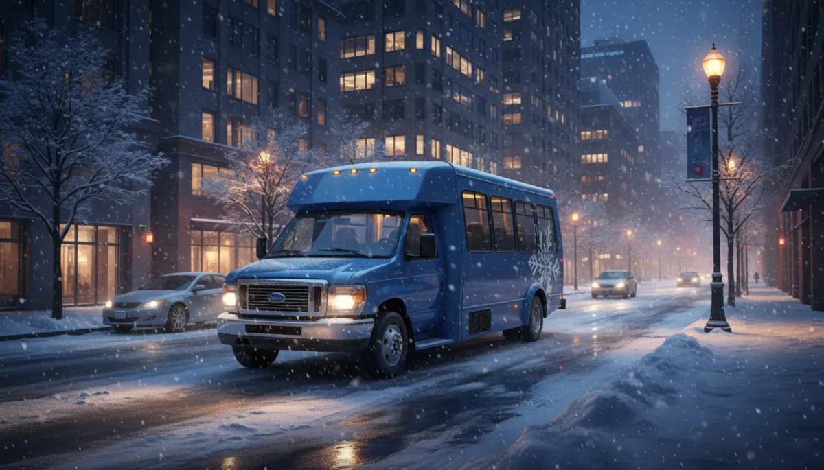 create an image of a blue van on a city street in a snowstorm. Style: Professional quality, photorealistic, high resolution