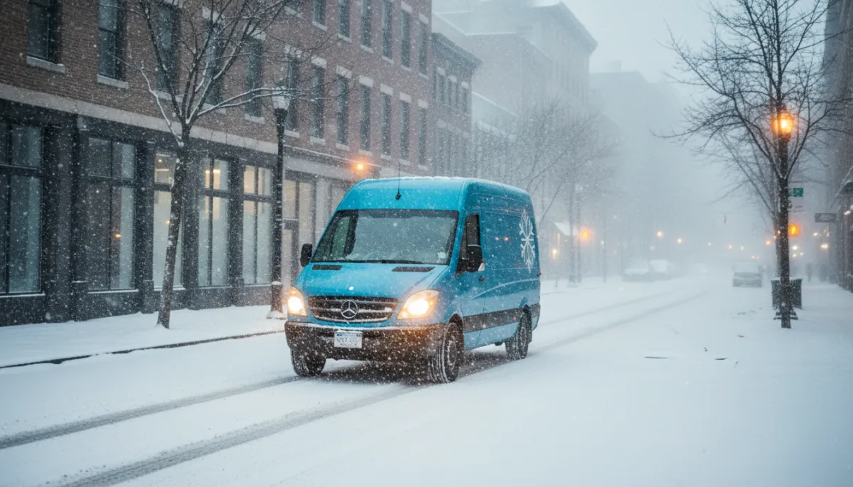 Create an image of a blue van on a city street in a snowstorm. Style: Professional quality, photorealistic, high resolution