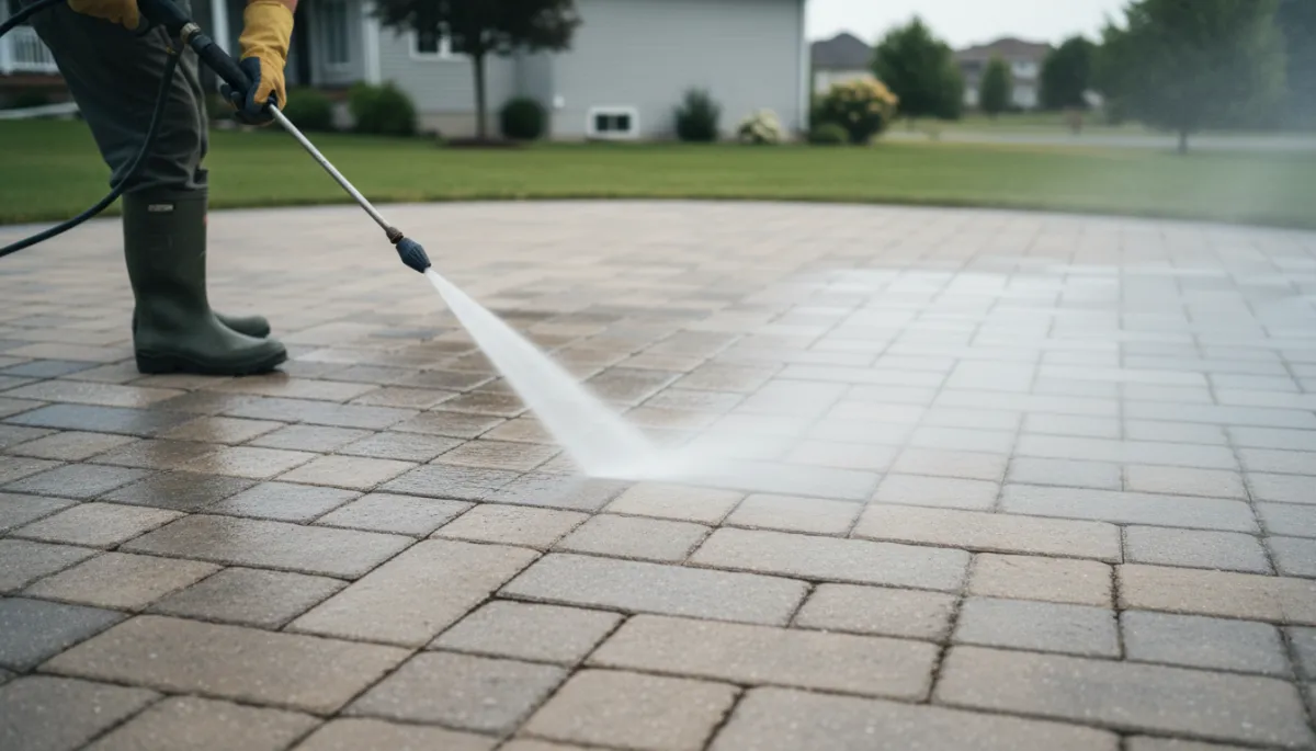 Technician pressure washing a stone patio in York Region