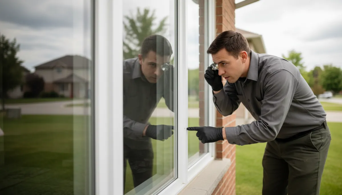 Professional cleaner inspecting residential window glass and frame for damage
