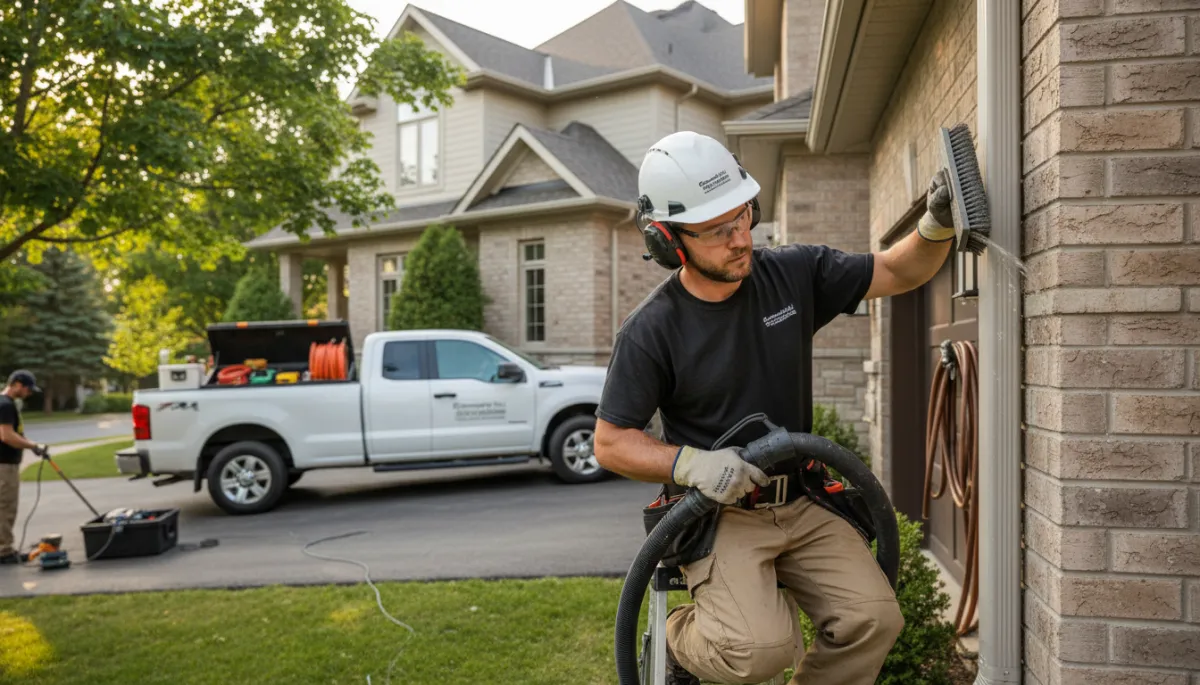 Technician finishing gutter and downspout cleaning at a Richmond Hill home