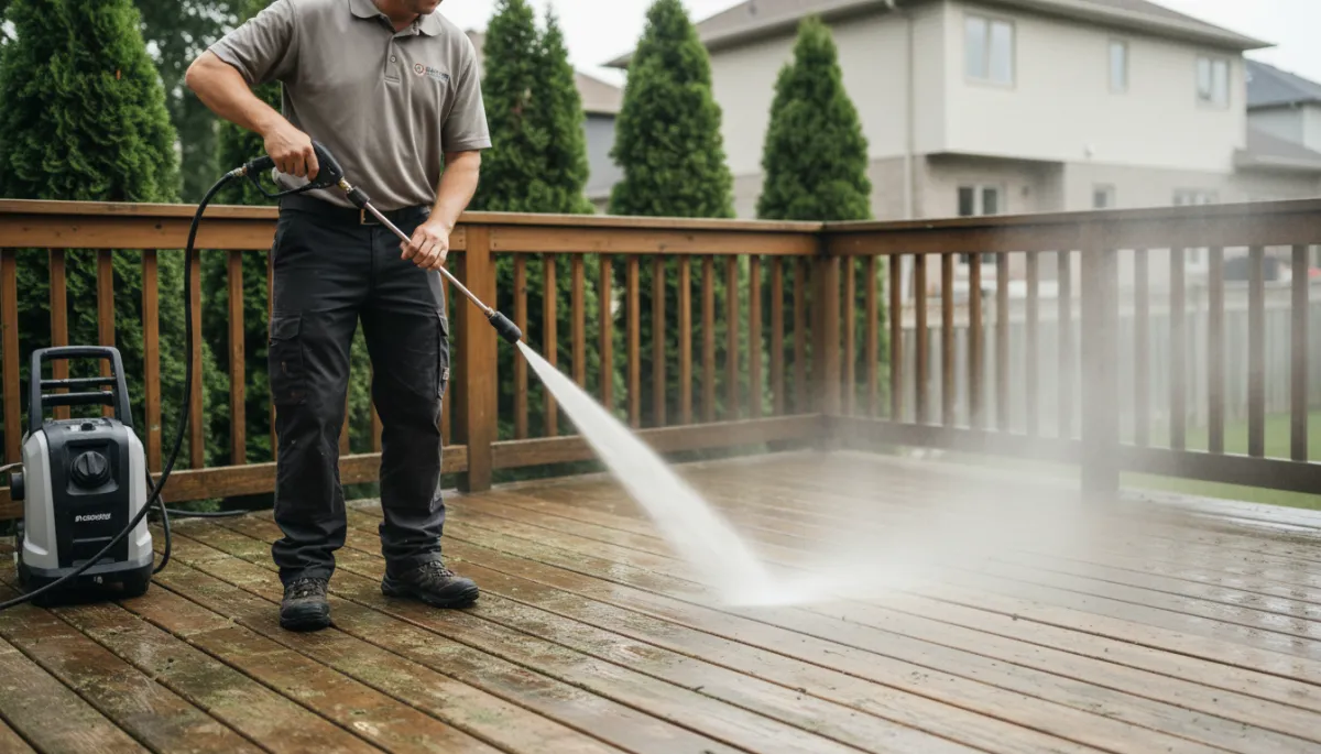 Technician professionally pressure washing a wooden backyard deck
