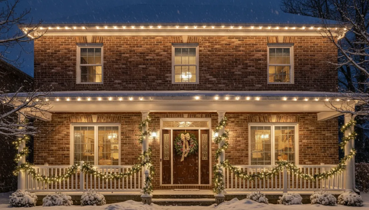 Elegant warm white holiday lighting with wreaths and garlands in light snowfall