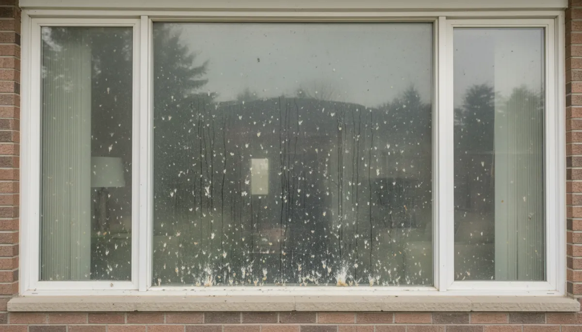 photorealistic close-up of a Vaughan Ontario suburban home with large living room windows covered in visible grime, streaks, and bird droppings, overcast neutral lighting, muted colour palette