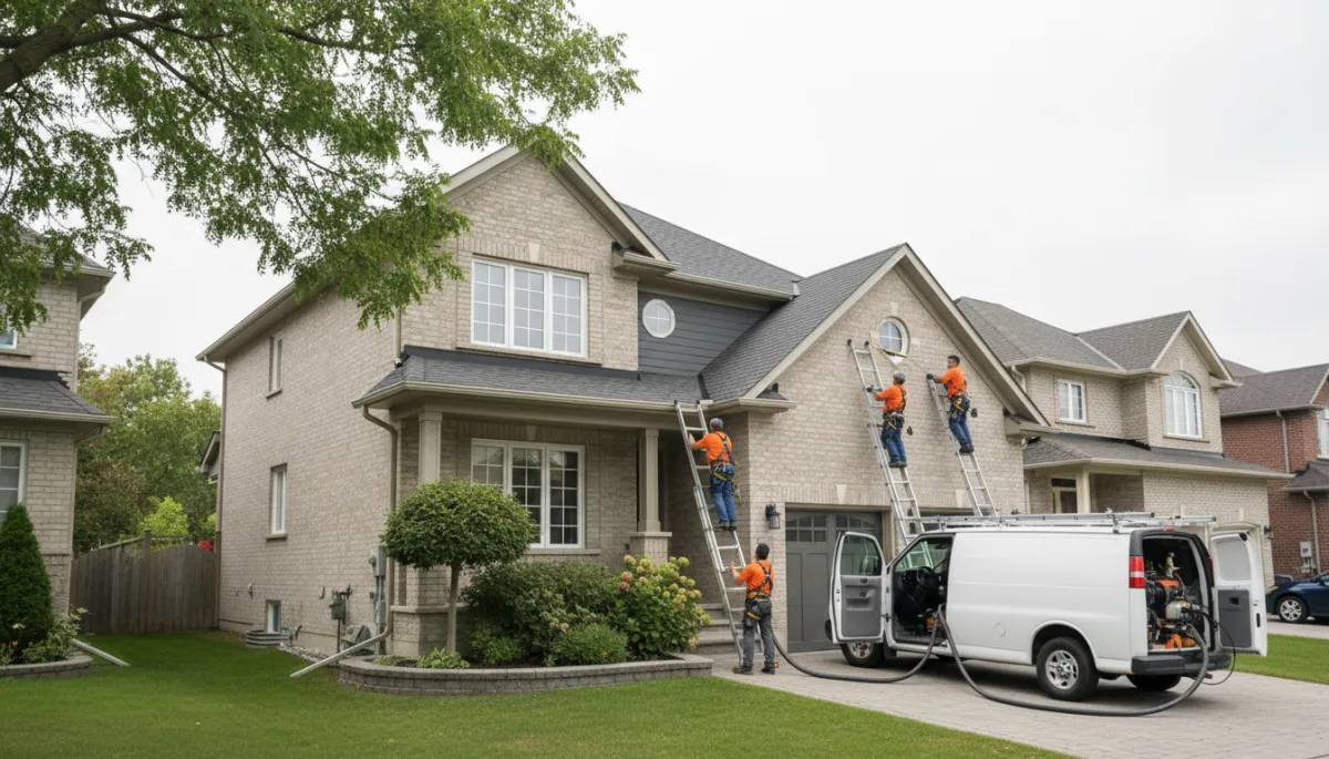 photorealistic neutral-toned scene of a professional gutter cleaning team working on a detached Richmond Hill Ontario home on a quiet suburban street, using ladders and safety gear under an overcast sky
