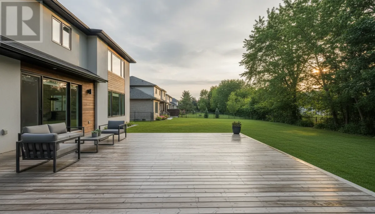 photorealistic wide-angle view of a freshly pressure-washed wooden backyard deck attached to a modern suburban home in Aurora Ontario, neutral colour palette, late afternoon light, outdoor furniture neatly arranged, lush green yard beyond the deck, subtle text overlay area in top left