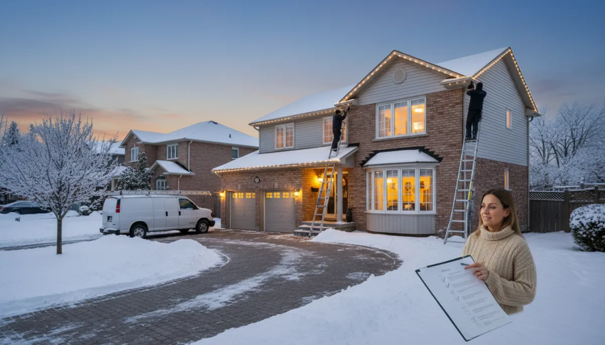 photorealistic neutral-toned winter scene of a detached Newmarket Ontario home at dusk, professional installers on ladders hanging warm white Christmas lights along the roofline while the homeowner stands inside by a window reviewing a printed holiday lighting checklist, soft snow on lawn and driveway, calm suburban street